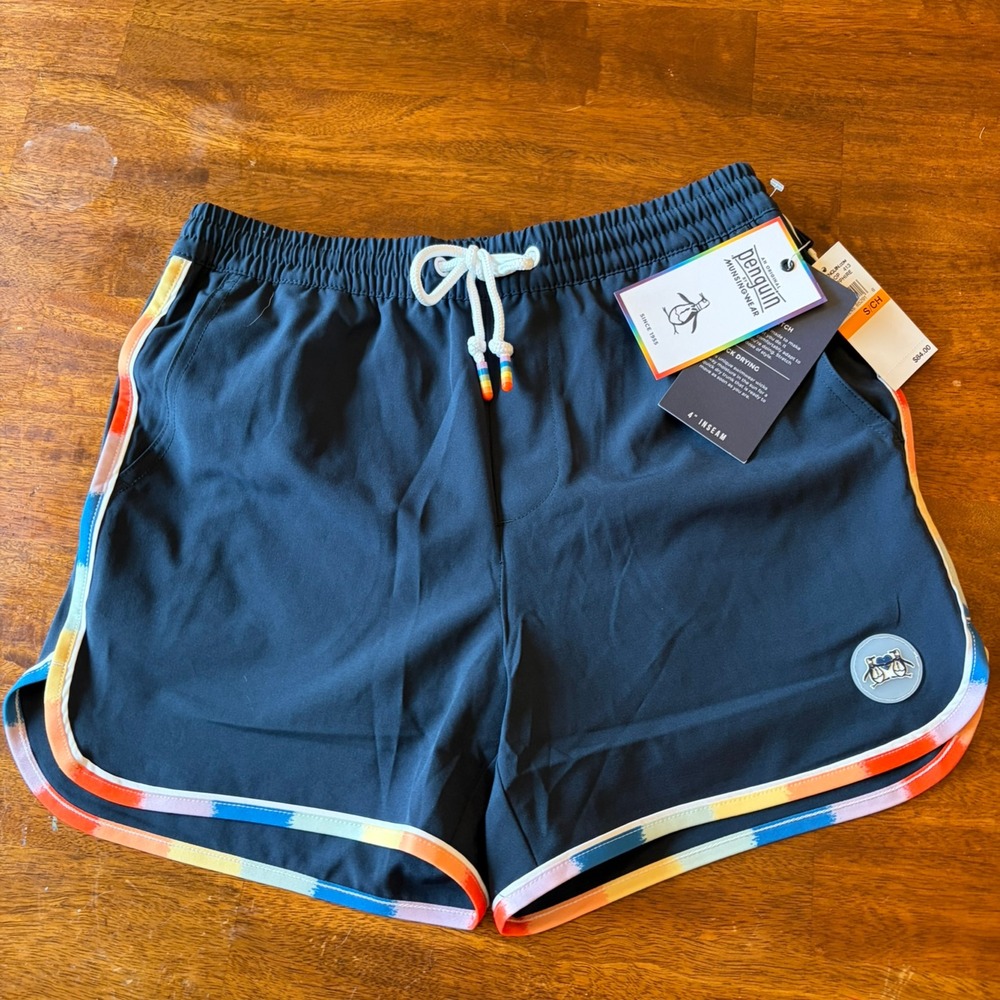 Original Penguin NWT Men's S Swim Trunks Navy Rainbow Trim 4in Retail $84